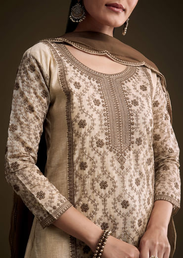 Cream Khadi Kurta Set With Thread Embroidery