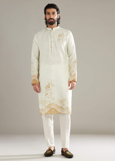 Cream Kurta Set For Men With Floral Print