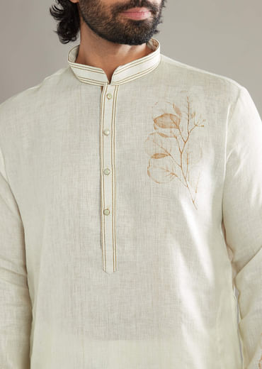 Cream Kurta Set For Men With Floral Print