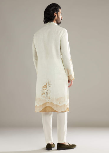 Cream Kurta Set For Men With Floral Print