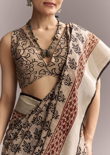 Cream Linen Saree With Black Hand Block Ajrakh Print