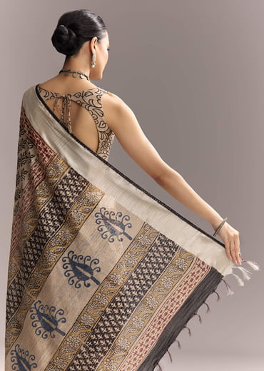 Cream Linen Saree With Black Hand Block Ajrakh Print