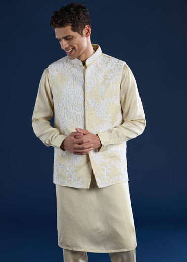 Cream Linen Satin Jacket Kurta Set with Dori Work