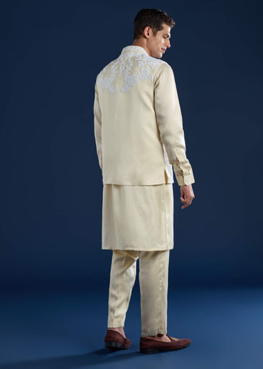 Cream Linen Satin Jacket Kurta Set with Dori Work