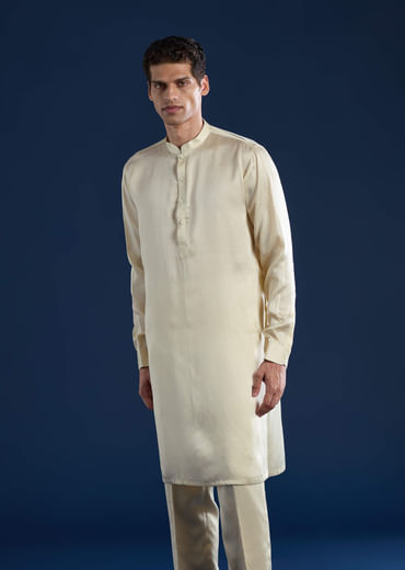 Cream Linen Satin Jacket Kurta Set with Dori Work