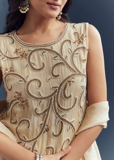 Cream Organza Sharara Suit With Moti And Cutdana Work