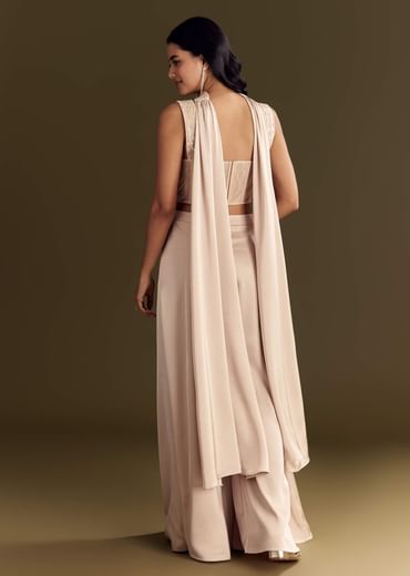 Cream Satin Bustier Palazzo Suit With Choker Dupatta