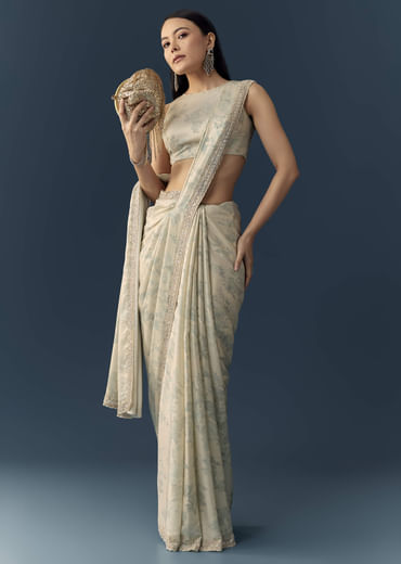 Cream Satin Saree with Floral Print and Unstitched Blouse
