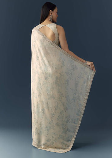 Cream Satin Saree with Floral Print and Unstitched Blouse