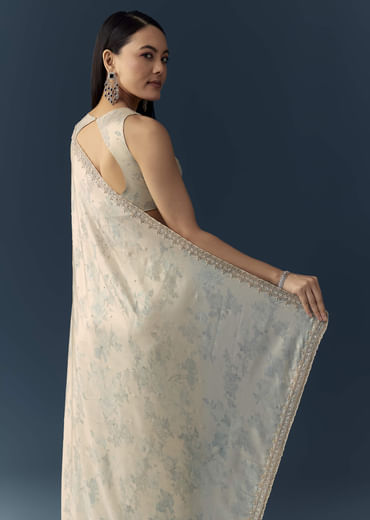 Cream Satin Saree with Floral Print and Unstitched Blouse