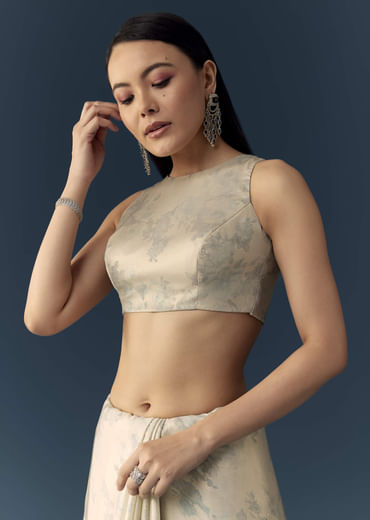 Cream Satin Saree with Floral Print and Unstitched Blouse