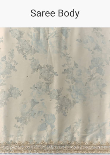 Cream Satin Saree with Floral Print and Unstitched Blouse