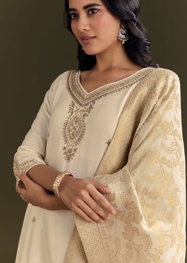 Cream Silk Embroidered Kurta Pant With Banarasi Dupatta