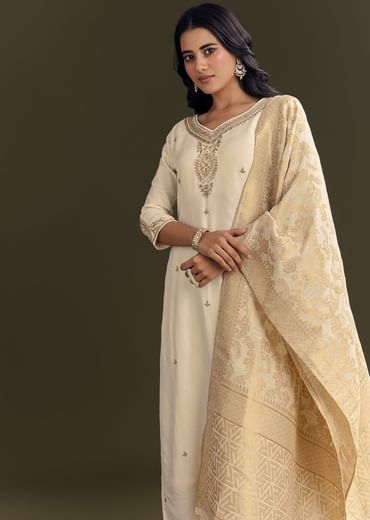 Cream Silk Embroidered Kurta Pant With Banarasi Dupatta