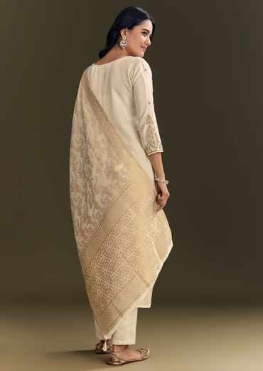 Cream Silk Embroidered Kurta Pant With Banarasi Dupatta
