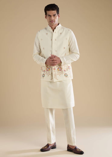 Cream Silk Jacket Kurta Set with Resham Work