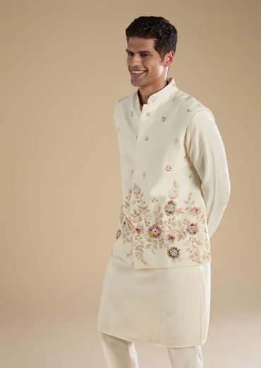Cream Silk Jacket Kurta Set with Resham Work
