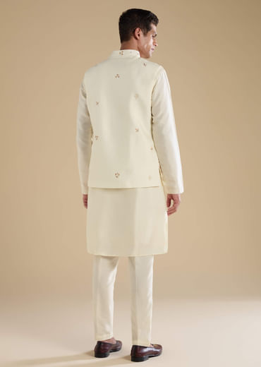 Cream Silk Jacket Kurta Set with Resham Work