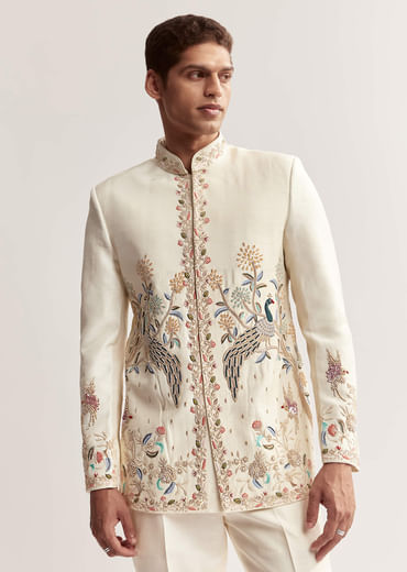 Cream Silk Jodhpuri Set For Men With Multicolour Peacock Embroidery