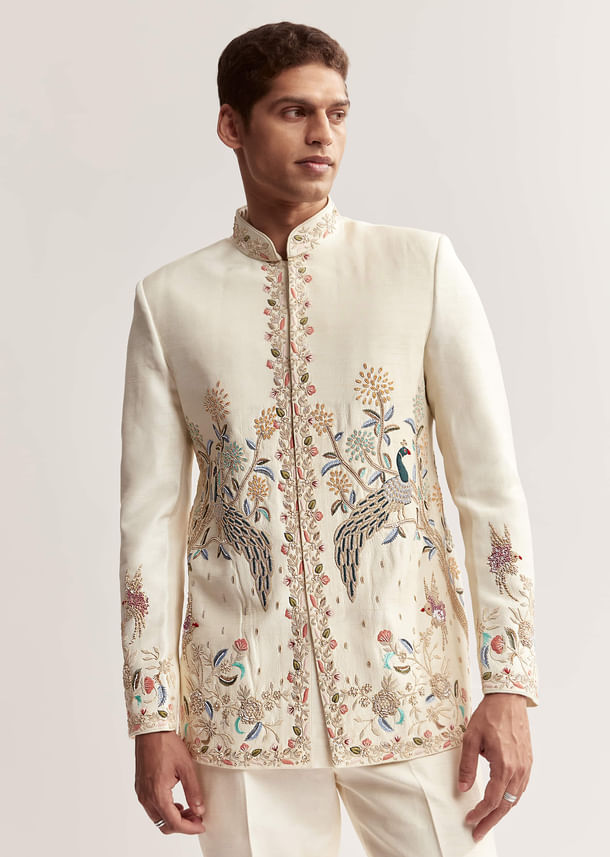 Cream Silk Jodhpuri Set For Men With Multicolour Peacock Embroidery