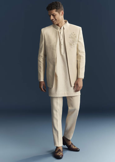 Cream Silk Kurta Jacket Set For Men With Dense Embroidery