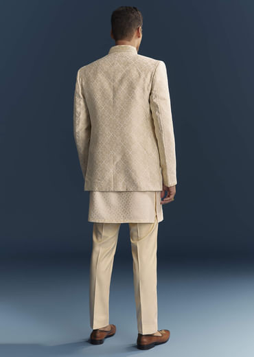 Cream Silk Kurta Jacket Set For Men With Embroidery