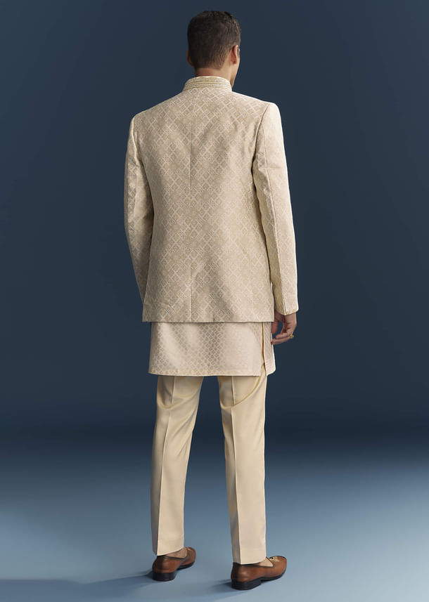 Cream Silk Kurta Jacket Set For Men With Embroidery