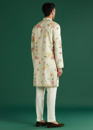 Cream Silk Kurta Set For Men With Floral Resham Work