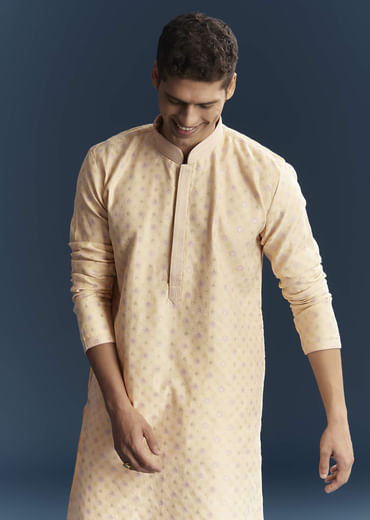 Cream Silk Kurta Set For Men With Subtle Motifs