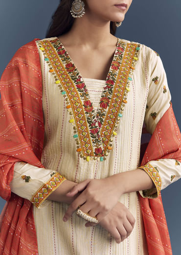 Cream Silk Kurta Set With Delicate Resham Work