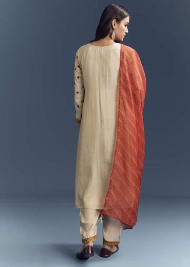 Cream Silk Kurta Set With Delicate Resham Work