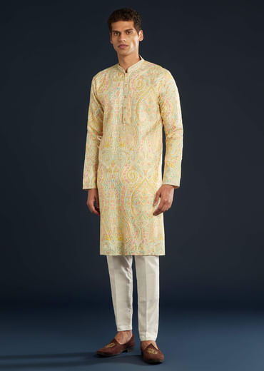 Cream Silk Mens Kurta Set with Thread Embroidery