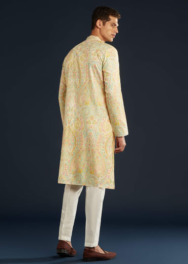 Cream Silk Mens Kurta Set with Thread Embroidery