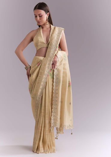 Cream Silk Saree With Floral Motifs And Gota Work
