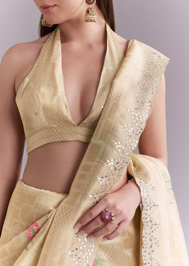 Cream Silk Saree With Floral Motifs And Gota Work