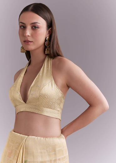 Cream Silk Saree With Floral Motifs And Gota Work