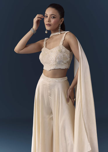 Cream Silk Sequin Work Crop Top Set with Dupatta