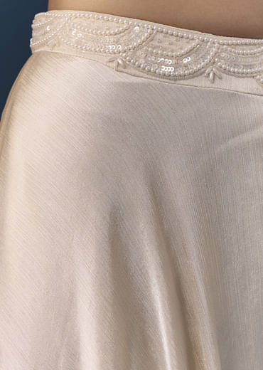 Cream Silk Sequin Work Crop Top Set with Dupatta