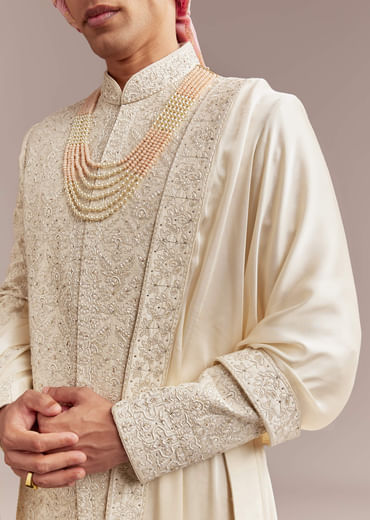 Cream Silk Sherwani For Groom With Floral And Geometric Embroidery