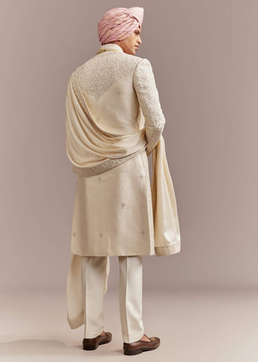 Cream Silk Sherwani For Groom With Floral And Geometric Embroidery