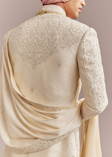 Cream Silk Sherwani For Groom With Floral And Geometric Embroidery