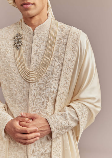 Cream Silk Sherwani For Groom With Floral And Vine Embroidery