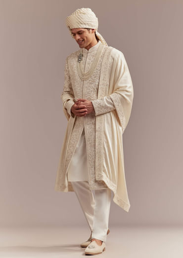 Cream Silk Sherwani For Groom With Floral And Vine Embroidery