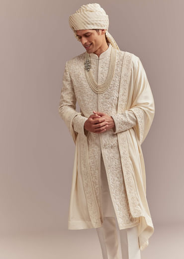 Cream Silk Sherwani For Groom With Floral And Vine Embroidery