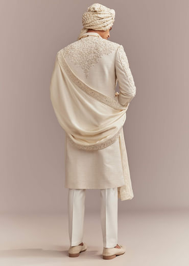 Cream Silk Sherwani For Groom With Floral And Vine Embroidery