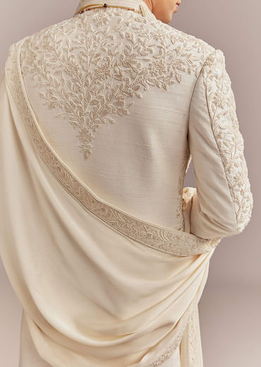 Cream Silk Sherwani For Groom With Floral And Vine Embroidery