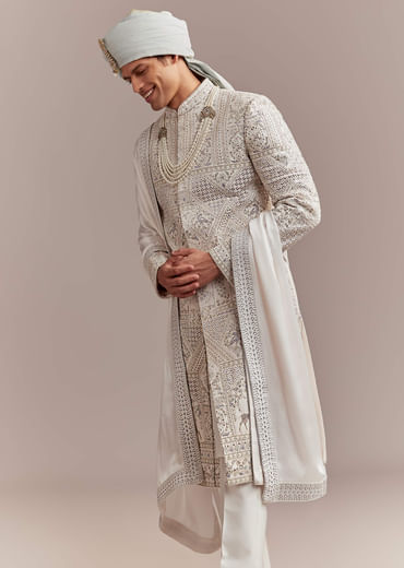 Cream Silk Sherwani For Groom With Handcrafted Embroidery