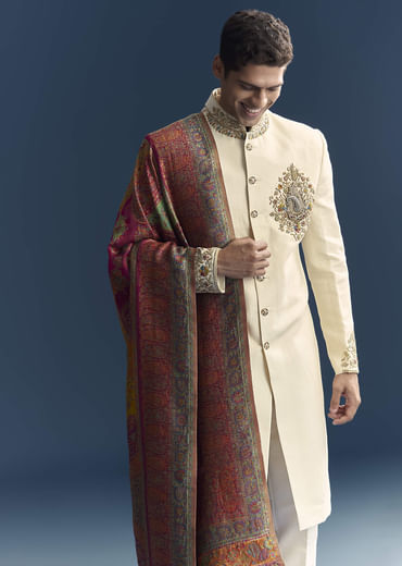 Cream Silk Sherwani For Groom With Intricate Hand Embroidery