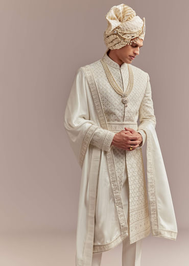 Cream Silk Sherwani For Groom With Mughal Inspired Motifs