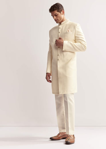Cream Silk Sherwani For Men With Hand Embroidery